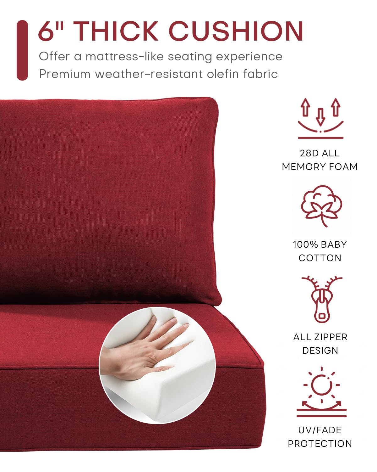ACTREST Luxury 24x24x6 Outdoor Cushions - Water&UV&Fade Resistant 1 Set Zippered Patio Chair Back&Seat Cushion for Wicker Dining Rocking Swivel Chairs Loveseat Couch Sectional Sofa - Red