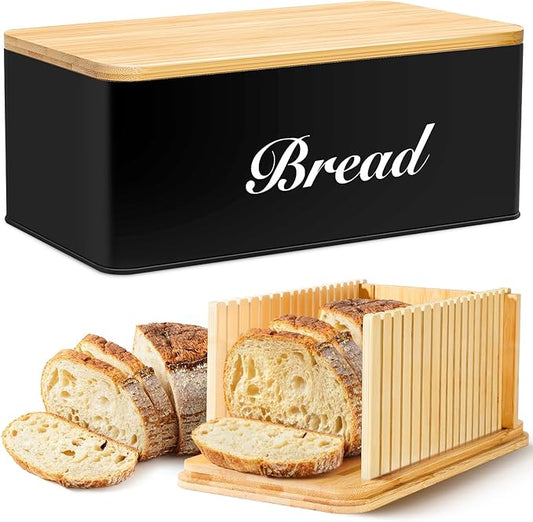 RYTOXILO Bread Slicer with Bread Box, Black Bread Storage Container for Kitchen Countertop with Multifunction Bamboo Lid, 3 in 1 Breadbox for Loaf Slicing & Tray, Bread Holder for Kitchen
