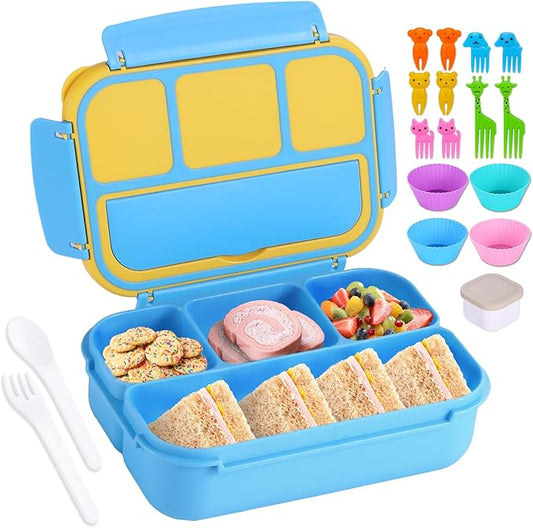 shell and turtle Bento Box for Kids Girls Boys, Bento Box Adult Lunch Box with 4 Compartments, Lunch Containers with Utensils, Sauce Jar, Muffin Liners for School, 40 Oz/5 Cup, Blue