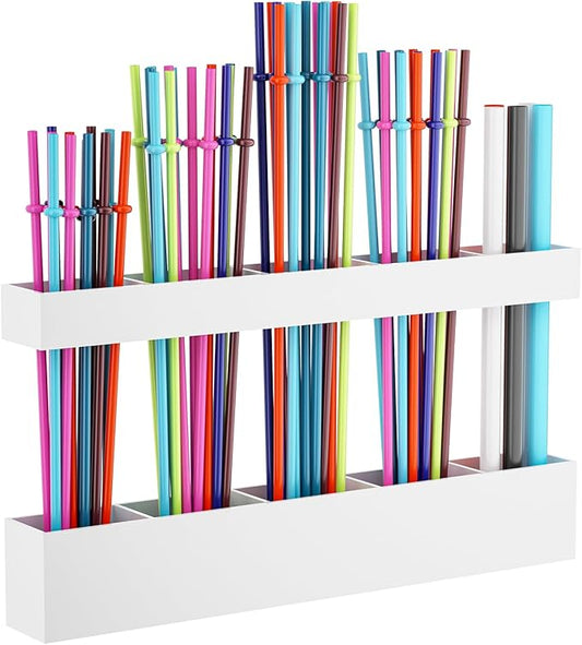 Straw Holder for Cabinet Door, Reusable Tumbler Straw Organizer Storage Container Mount for Kitchen Counter Cupboard Door (White, 9.5inch)