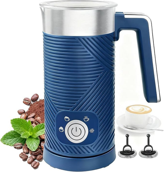 Electric Milk Frother and Steamer, 4-in-1 Milk Steamer with Wood Elements Design, Automatic Hot & Cold Foam Maker for Latte, Cappuccinos, Macchiato, Milk Warmer (blue)