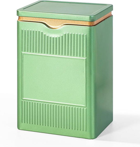 Tea Tin, Premium Tight Sealing Metal Canister with Press On Lid, Storage Tin for Loose Leaf, Tea Bags, Coffee Beans & Spices, Ideal for Kitchen Countertop & Pantry, Green Square Tinplate Can