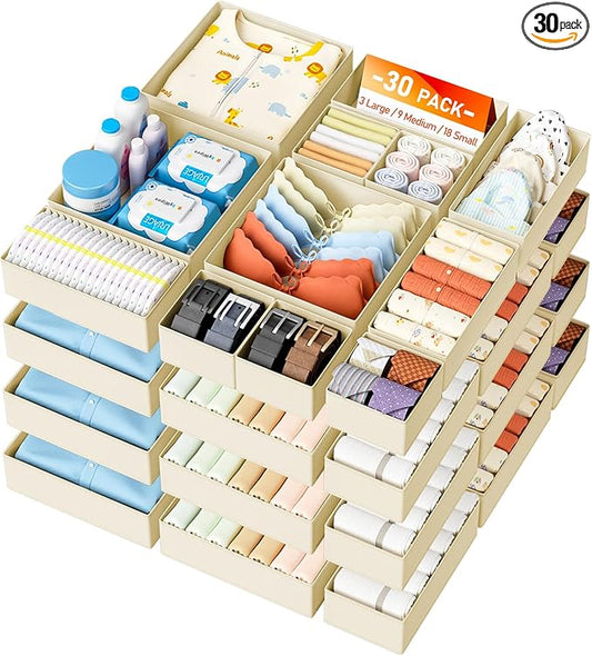 DIMJ Drawer Organizer Clothes Storage - 30 Pack Baby Dresser Organizer for Nursery, Small Fabric Closet Drawer Organizer Bins for Underwears Socks, Foldable Storage Dividers Organization for Bedroom