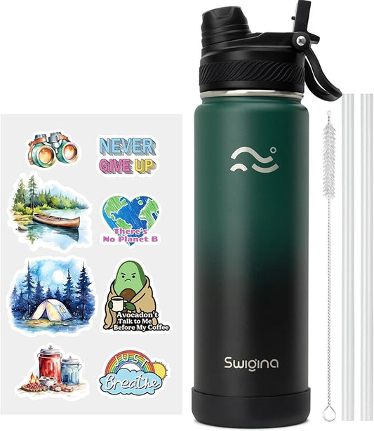 Swigina Insulated Water Bottle with Silicone Boot (36hrs Cold/18hrs Hot) - DIY Stickers, [2-in-1 Lid], BPA Free, 24 oz
