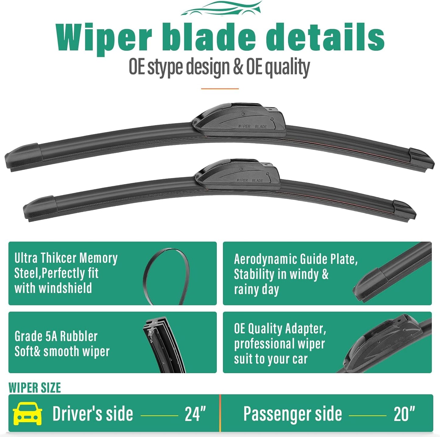 24" 20" 11" Windshield Wiper Blades Replacement for Cadillac XT5 2017 2018 2019 2020 2021 2022 Premium All Weather Front Rear Wipers Set - OEM Quality (Pack of 3)