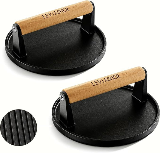 2.2lb Heavy Duty Cast Iron Grill Press, 6.69 inch Smash Burger Press Meat Steak with Wood Handle for Blackstone, Chef, Camp, Panini, Vegetable, Bacon, Sandwich, Nonstick Pan, BBQ, 2 Pack