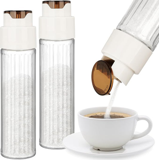 NiHome 16.9oz Sugar Dispenser, Automatic Pour Switch Glass Jar for Sugar, Coffee Creamer or Salt, Large Capacity Food-Grade Glass with Anti-Slip Ribbed Design (2PCS)