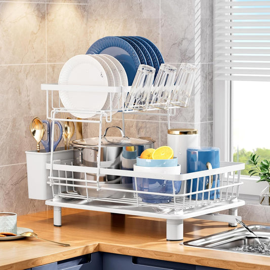 2 Tiers Dish Drying Rack, Space-Saving Dish Racks for Kitchen Counter, Dish Drainer Drying Rack with Drainboard, Utensil Holder Cups Holder and Adjustable Swivel Spout, White
