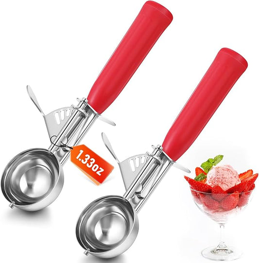 Reallnaive 2 Pcs Release Cookie Scoops Ice Cream Scooper with Trigger Release Portion Scoop Stainless Steel for Portion Control, Baking Food, Cookie Dough (1.33 oz,Red)