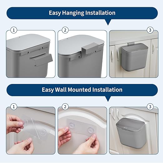 Hanging Kitchen Trash Can with Lid - 1.8 Gallon Small Compost Bin for Cabinet Door, Under Sink - Odor-Sealing Stainless Steel Top Food Waste Bin for RV, Bathroom, Office - Indoor Recycling Bin