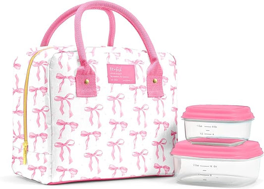 Fit & Fresh Bloomington Lunch Bag for Women - Insulated Large Lunch Box for Work with Containers, Leak-Resistant, Stain-Resistant, Zipper Closure, Pink Bows