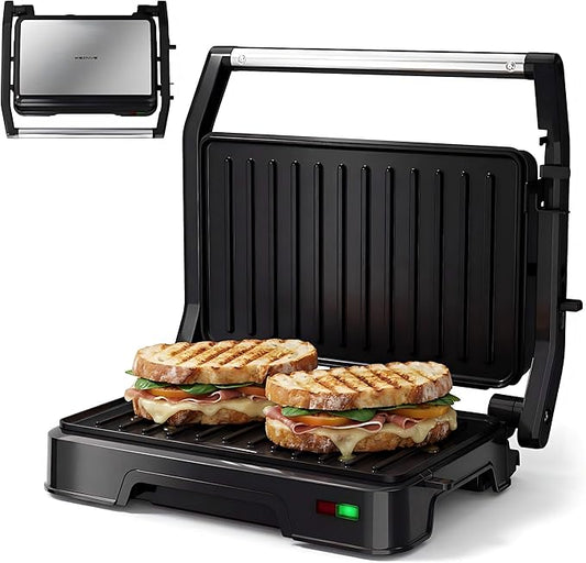 KEINVE Panini Press Grill & Sandwich Maker - 2-Slice, 180° Adjustable Hinge, 850W Electric Grill Non-Stick Cast Aluminum Plates for Panini, Steak, Bread & More, Easy to Clean, Perfect for Kitchen