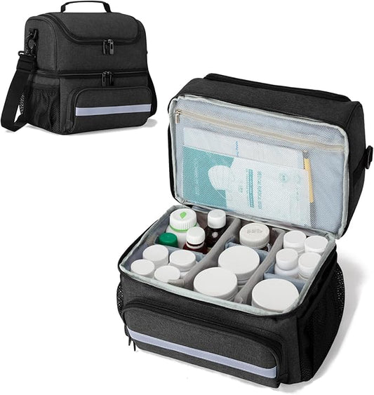 CURMIO Medicine Storage Bag, Double Layers Pill Bottle Organizer with Inner Dividers for Medication, Vitamins, Prescription Bottles, Medical Supplies, Black (Patent Design)