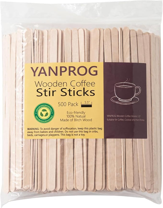 Wooden Coffee Stirrers 5.5" Coffee Stir Sticks 500 Pcs, Natural Birch Round End Thick Birch Wood Eco-Friendly Suitable for Coffee, Cocktail and Hot Drinks