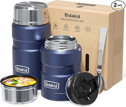 Insulated Food Jar Set – 25.4oz & 17oz Stainless Steel Containers with Folding Spoon and Carrying Bags – Leak-Proof, Keeps Food Hot or Cold for up to 12 Hours – Ideal for Work, School, Travel