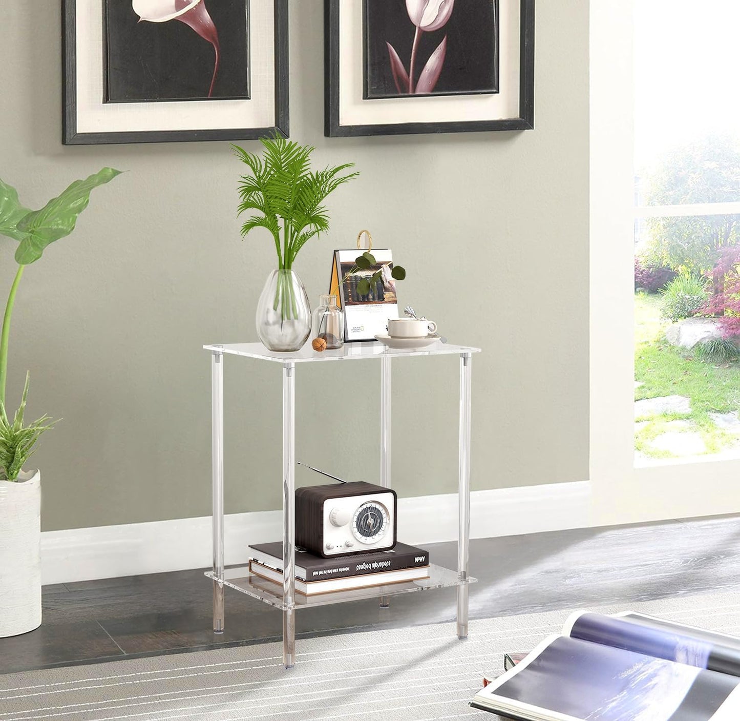 Acrylic Glass Side Tables with 2 Shelve End Table Bedside Set of 2, simplicity Nightstands for small Spaces, 2-Tier Tempered Glass for Office Bedroom Living Room Study Outdoor Transparent ET-008TR