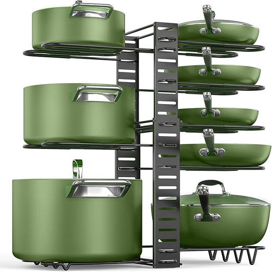 MUDEELA Pots and Pans Organizer Rack under Cabinet 8-Tiers Adjustable Pot Rack with 3 DIY Methods, Expandable 11.65'' to 19" Pot Lid Organizer for Kitchen Pantry Cabinet Organization and Storage