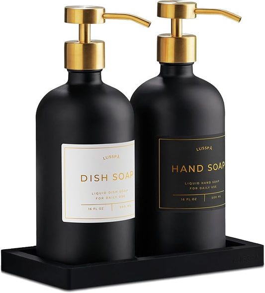Glass Soap Dispenser Set of 2 (Black) with Silicone Tray | Hand and Dish Soap Dispenser for Kitchen and Bathroom | 16.8 Oz Glass Bottles with Stainless Steel Pump & 15 Waterproof Labels (Black/Gold)