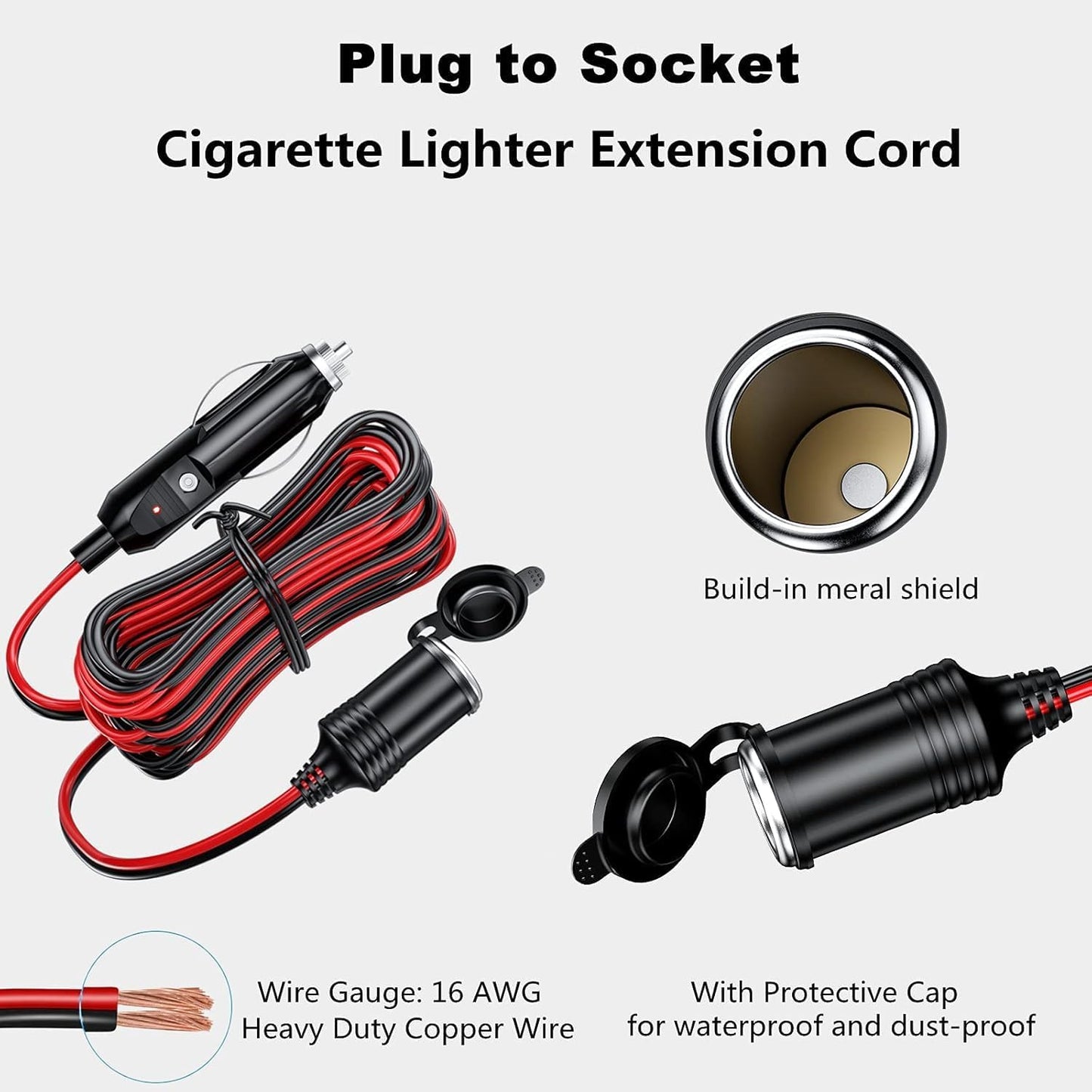 KEWIG 12/24V Car Cigarette Lighter Extension Cord - 26FT Cigarette Lighter Plug Cable- 16AWG Heavy Duty Extension Cable with 15A Fuse and LED Indicator