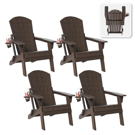Folding Adirondack Chair Set of 4 with Cup Holder, HDPE All Weather Resistant Plastic Outdoor Patio Chairs, Heavy Duty Fire Pit Seating for Backyard Lawn Garden, Wooden Textured Design(Coffee)