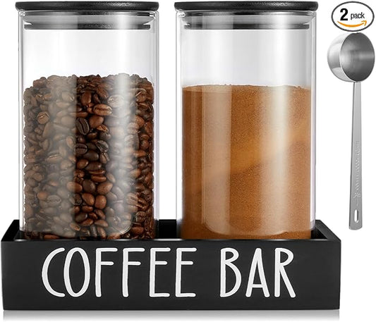 Glass Coffee Canister for Ground Coffee - 2Pcs 45oz Coffee and Sugar Container Set with Airtight Bamboo Lids and Black Tray - Farmhouse Coffee Bean Storage Jars for Coffee Bar Decor and Accessories