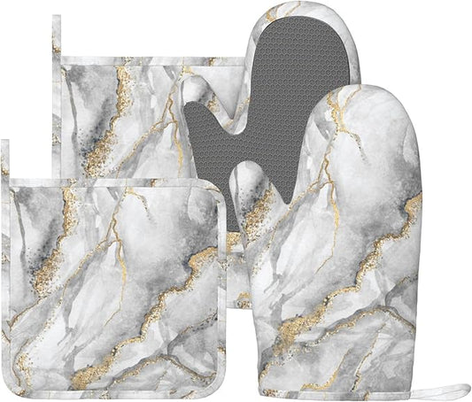 Marble Gold Gray Fashion Oven Mitts and Pot Holders Sets of 4, Heat Resistant Silicone Oven Mittens and Potholders Gloves Hot Pads for Kitchen Cooking Baking Grilling BBQ Chef