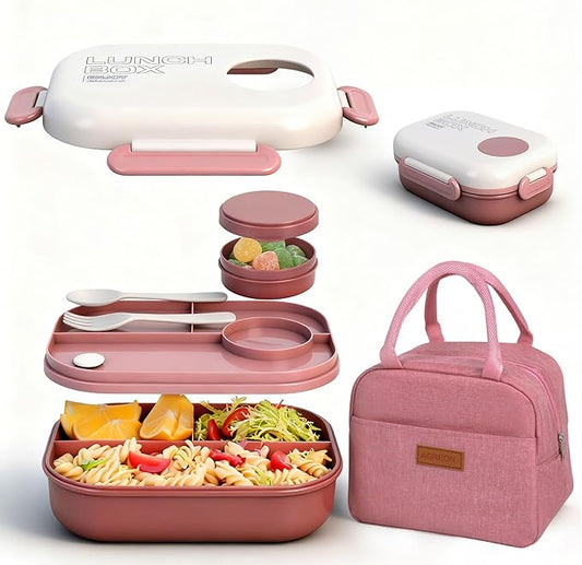 Lunch Bento Box Set - 3 Compartment Containers for Kids and Adults,lunch box for women with Thermo Lunch Bag, Leak-Proof and BPA-Free - Built-in Utensil Set,Sauce - Dishwasher Safe-Claret