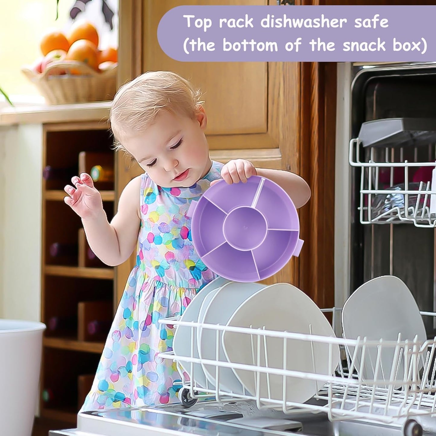 Kids Snack Spinner – Reusable Snack Container with 5 Compartments & Lid, BPA/PVC-Free, Dishwasher Safe, Perfect for Travel, School Lunches & On-the-Go Snacking, Purple