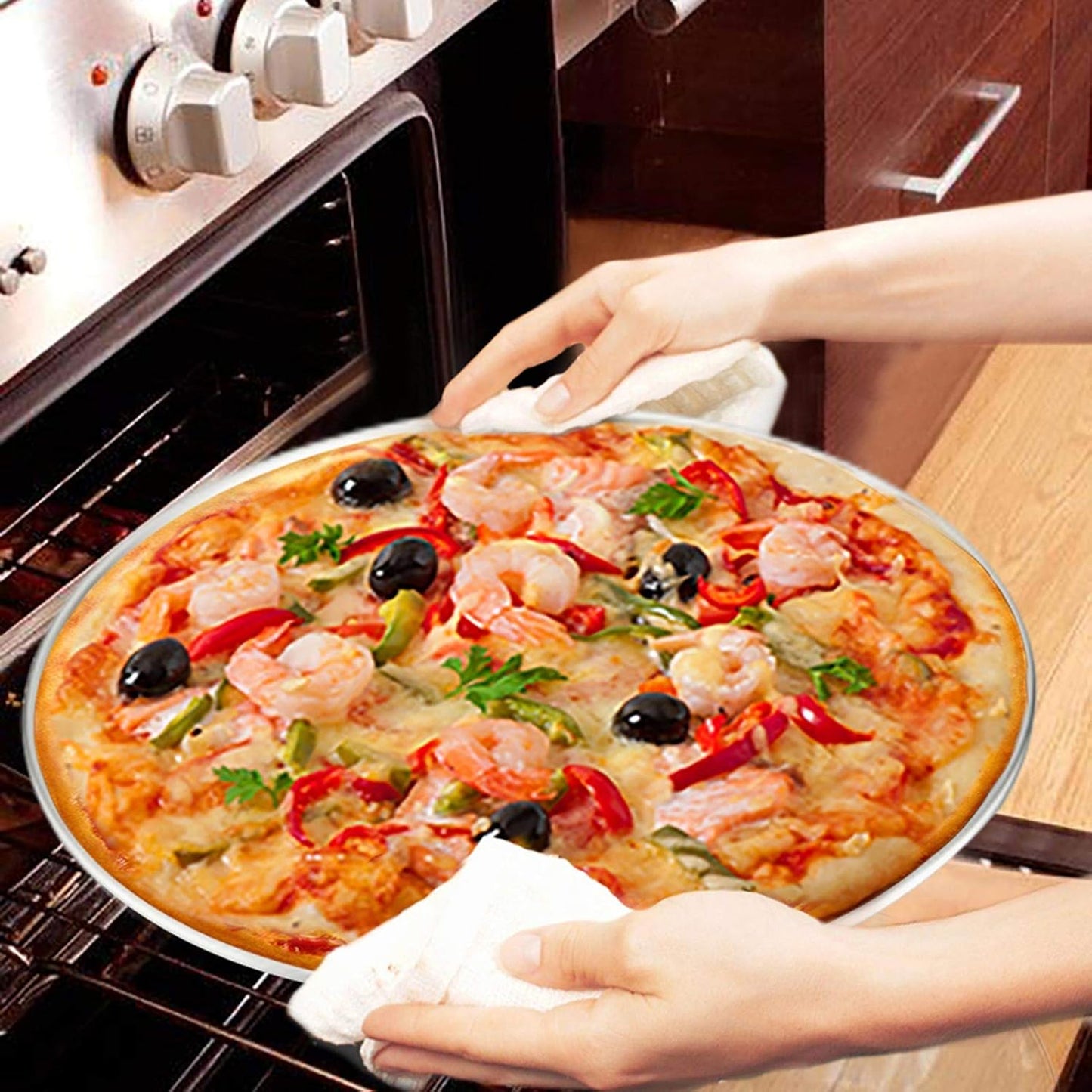 TeamFar Pizza Pan, 10” & 12” & 13.4”, 3 Pcs Pizza Pan Set Stainless Steel Pizza Pan Round Pizza Oven Pans Tray for Baking Serving, Healthy & Rust Free, Heavy Duty & Dishwasher Safe