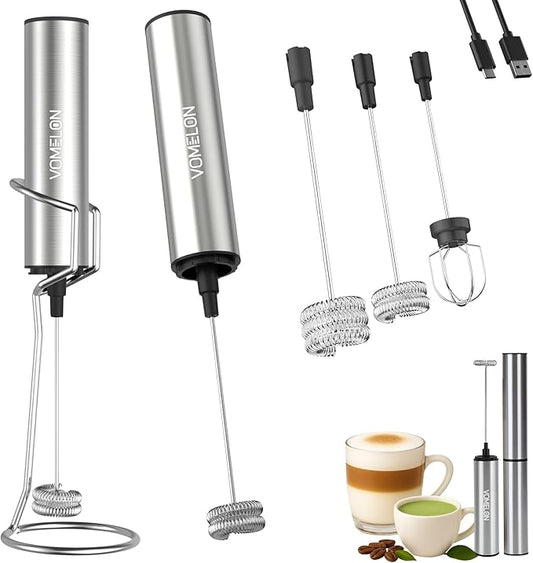 Rechargeable Milk Frother with Stand, Electric Whisks Foam Maker, POWERFUL USB C 2 Speed Handheld Drink Mixer for Coffee, Latte, Cappuccino, Matcha Drinks,Silver