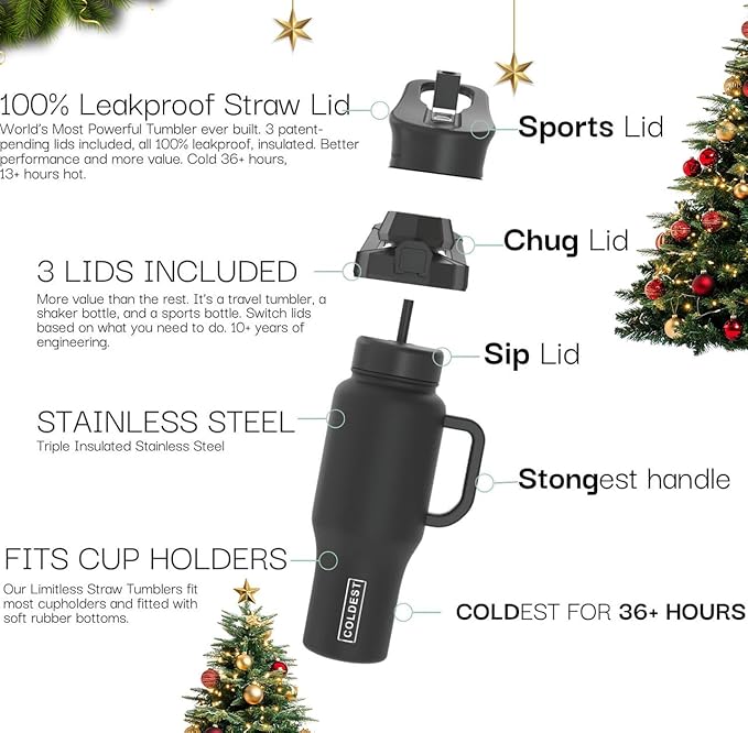 Coldest Tumbler with Handle and Straw, 100% Leak Proof Insulated Tumbler with Lid and Straw (3 Lids), Stainless Steel Tumblers for Women & Men, Cup Holder Friendly, 46 oz (Glowie Leopard)