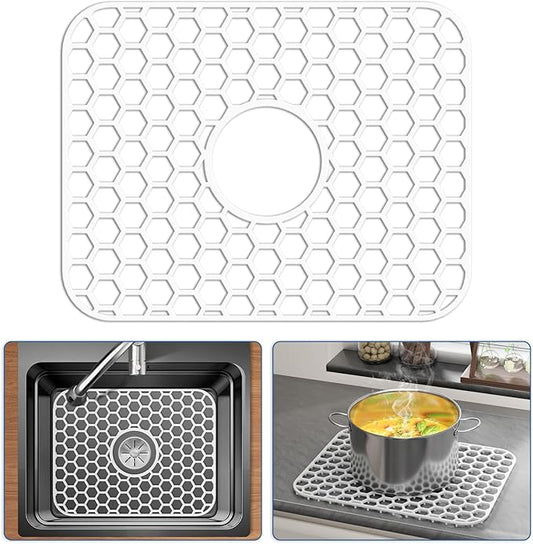 Bestjing Silicone Sink Protectors for Kitchen Sink - 16.2"x12.5" Kitchen Protector Accessory, Non-Slip Heat Resistant Mat for Bottom of Farmhouse Porcelain Stainless Steel (White)
