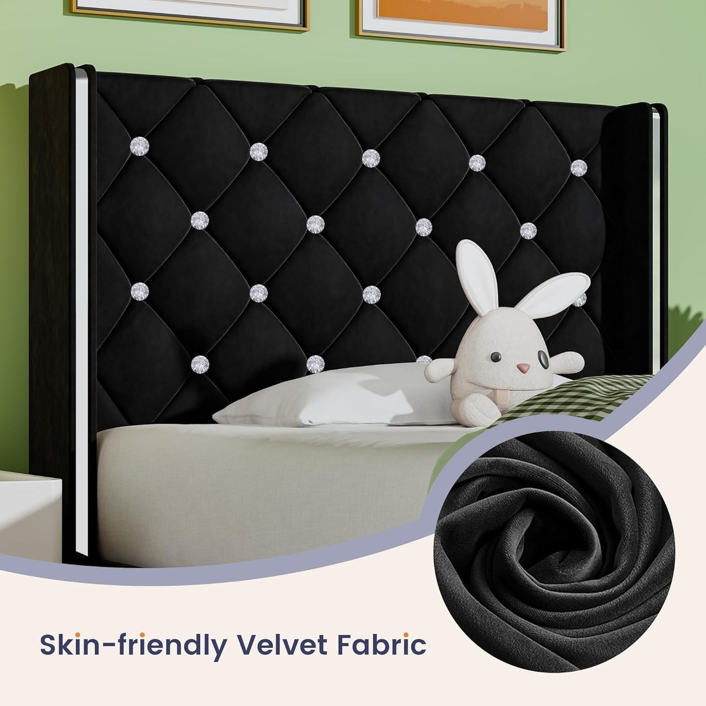 Twin Bed Frames, Upholstered Platform Bed Twin Size with Diamond Tufted Headboard, Modern Velvet Bed Frame with Wingback Design, No Box Spring Needed, Easy Assembly, Black