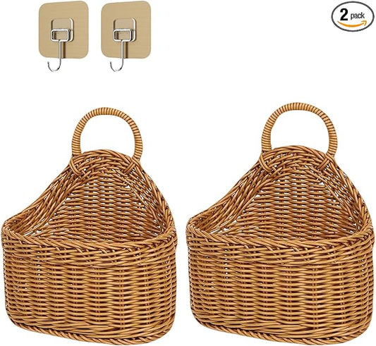 2Pcs Hanging Storage Baskets, Plastic Woven Hanging Basket with Hook, Flower Bin with Handle Kitchen Wall Basket for Ginger Garlic(Brown)