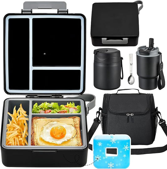Pawtong Lunch Box Set with Bento Box Container, 17OZ Stainless Steel Food Soup Thermo, Kids Water Bottle & Portable Insulated Lunch Bag – Leakproof, Hot/Cold Retention for School, Travel (Black)