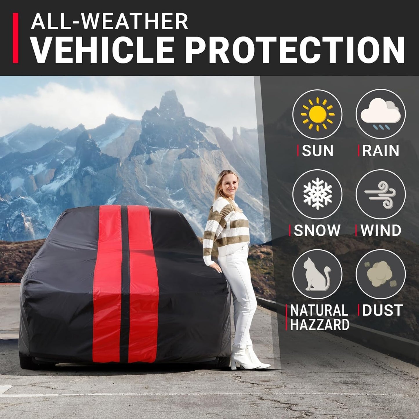 iCarCover Custom Car Cover for 2020-2025 Chevy Corvette C8 w/High Wing Spoiler Waterproof All Weather Rain Snow UV Sun Protector Full Exterior Indoor Outdoor Car Cover (Stripe - Black/Red)