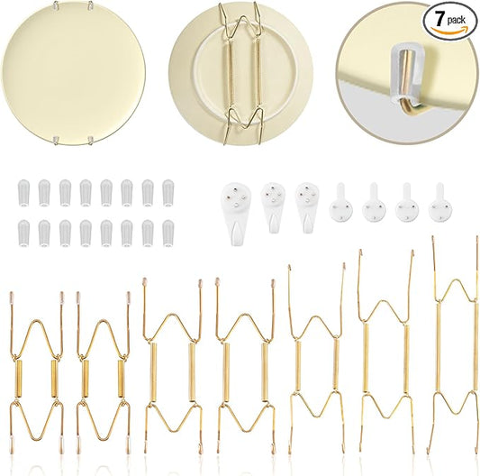 Bilillo 7 pcs Plate Hangers for The Wall, 4/6/8/10/12 Inch Invisible Plates Hangers, Stainless Steel Plate Wall Holders for Display Various Sizes with Hooks for Decorative