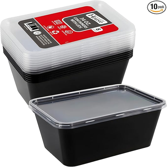 Bluesky Versatile Rectangle Containers-(Pack of 10) -Perfect for Meal Prep & Storage, 34 oz, Black