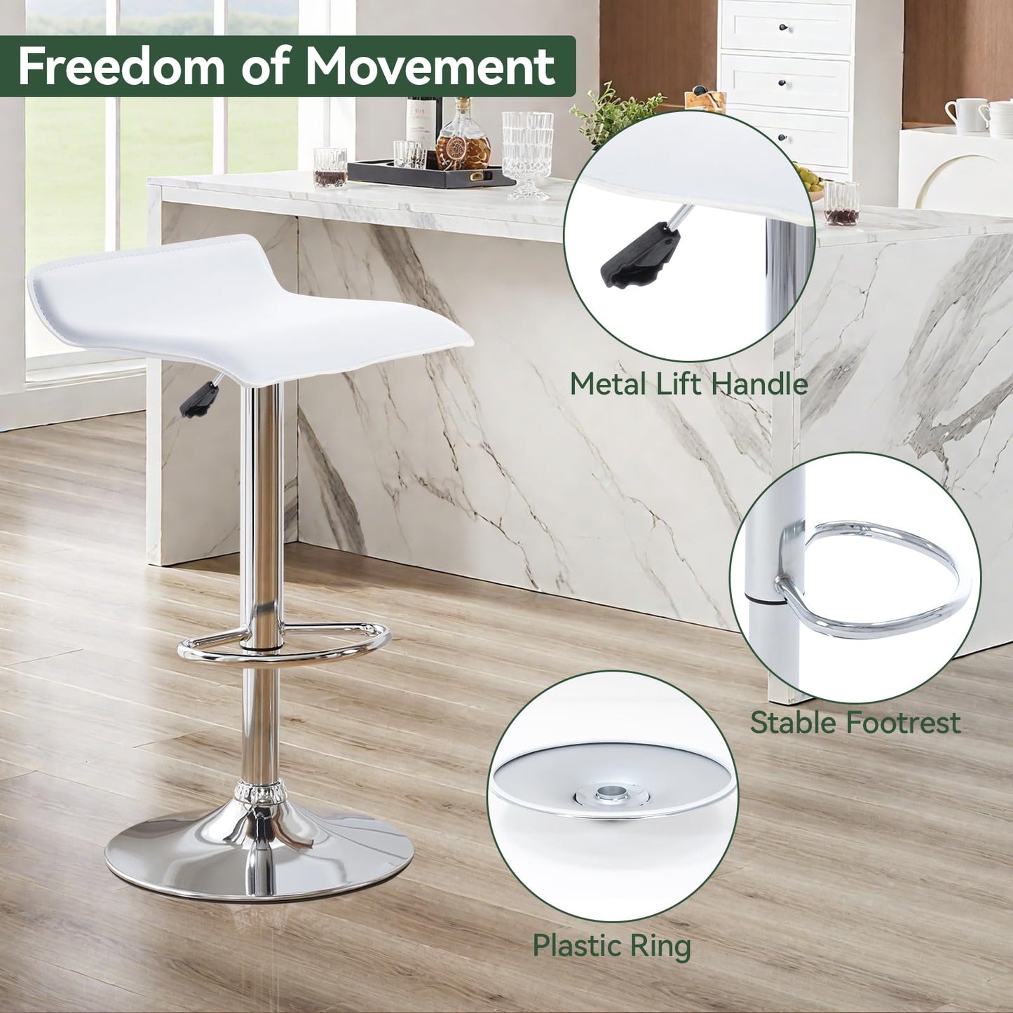 Adjustable Swivel Bar Stools Set of 2, Modern PU Leather Backless Counter Height Stools with Footrest & Gas Lift | Heavy Duty for Kitchen Island, Home Bar, Dining Room (White, Chrome Base)