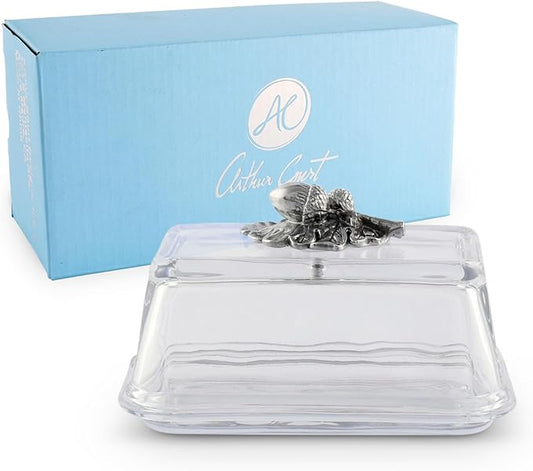 Arthur Court Glass Butter Dish with Lid Acorn Knob | Classic 2-Piece Design Covered Butter Keeper | Covers and Holds a Standard Stick of Butter | Cabin Lodge Rustic Décor