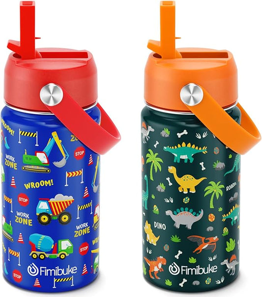 Fimibuke Kids Insulated Water Bottle, 14oz BPA FREE Double Wall Vacuum Tumbler 18/8 Stainless Steel Leak Proof Kids Cups with Straw Metal Bottles for School Boys Girls (2 Pack, Trucks/Green Dinosaur)