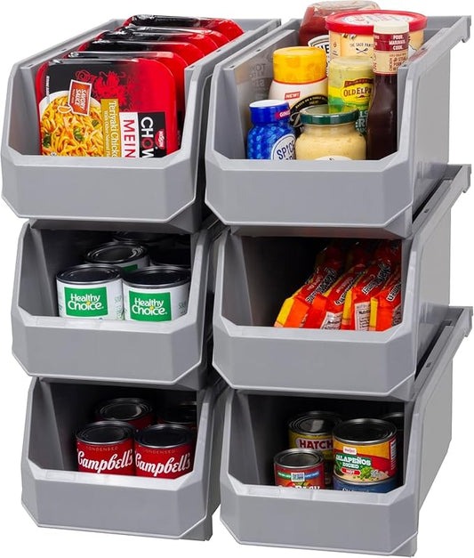 Plastic Containers for Organizing and Storage Bins for Closet, Kitchen, Office, Garage or Pantry Organization, Stackable Bins, Large (14.8" x 8" x 7"), 6-Pack, Grey