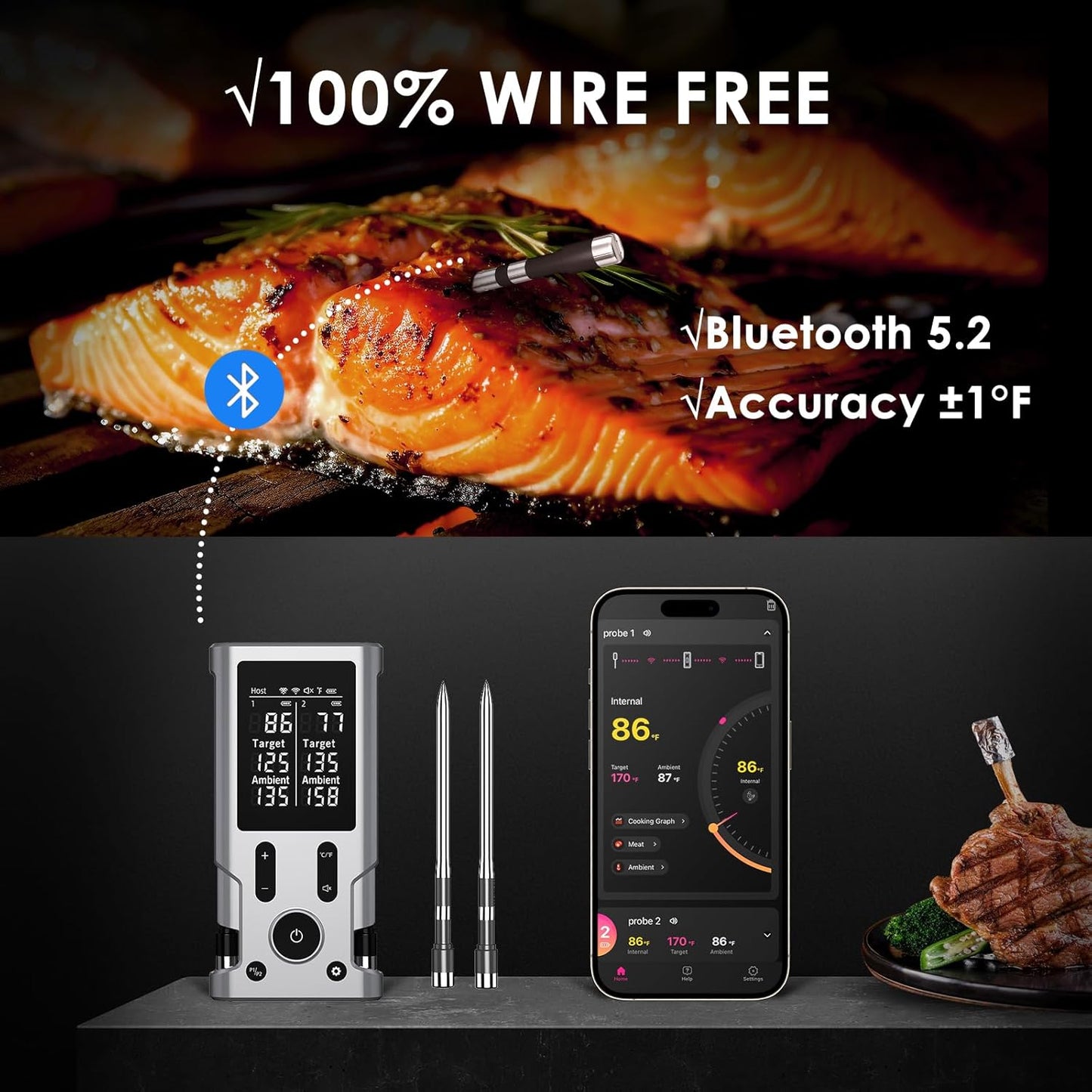 Wireless Meat Thermometer, 800FT Bluetooth Cooking Thermometer, 2 Ultra-Thin Probes, LCD Display, Digital Food Thermometer for Grill, BBQ, Smoker, Air Fryer, Rotisserie