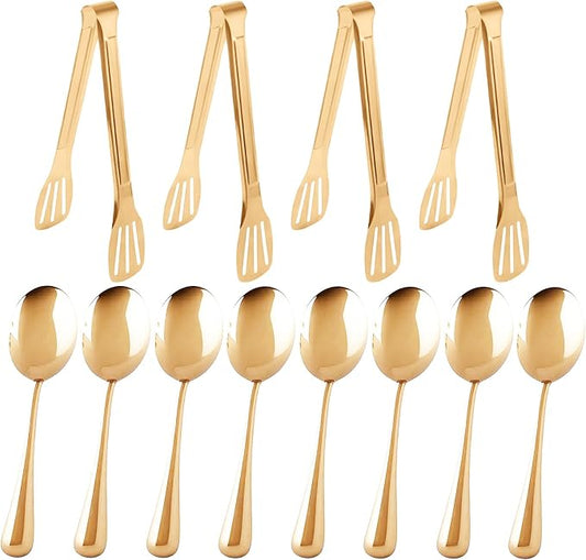 12PCS Stainless Steel Serving Utensils Sets,8 Large Serving Spoons,4 Serving Tongs,Gold Serving Utensills Sets for Buffet Catering Banquet Party (Gold)