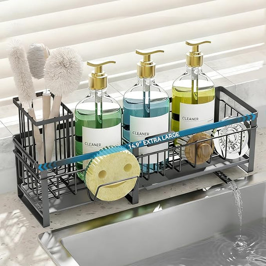 Extra Large Extendable Sponge Holder for Kitchen Sink, Rustproof Sink Caddy Organizer with High Brush Holder, Dish Soap Dispenser Organizers and Storage (Gray)