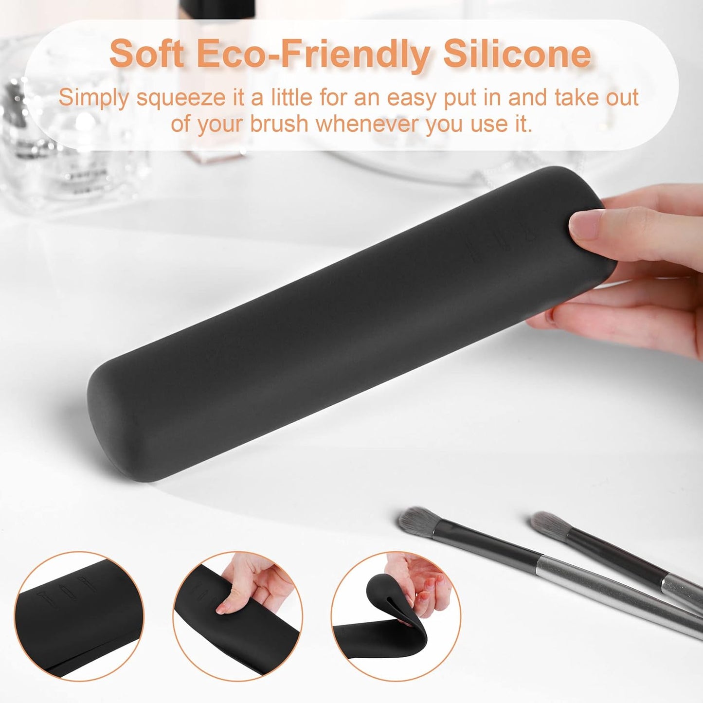 FERYES Travel Makeup Brush Holder, Magnetic Anti-fall Out Silicon Portable Cosmetic Face Brushes Holder, Soft and Sleek Makeup Tools Organizer for Travel-Black(7.8 * 1.89 * 0.79)