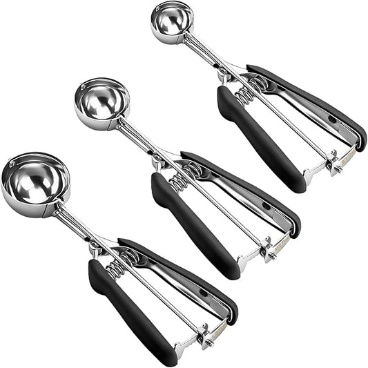 Cookie Scoop Set of 3,Black Cookie Scoops for Baking with Engraved Sizes,18/8 Stainless Steel Ice Cream Scoop with Non-Slip Soft Rubber Handles,Dough Scoopers for Cupcakes,Meatballs,Muffins