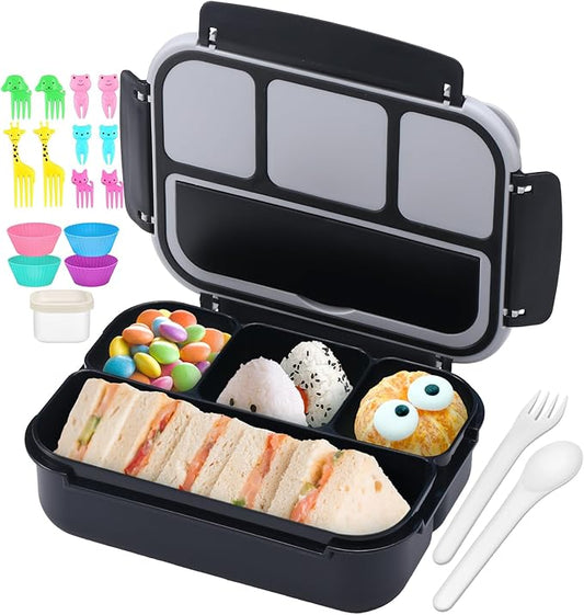 QQKO Bento Box for Kids Adults, School Toddler Lunch Box for Boys Girls, Lunch Box Containers with 4 Compartments, Sauce Container, Utensils, Food Picks and Muffin Cups for School, Black Gray
