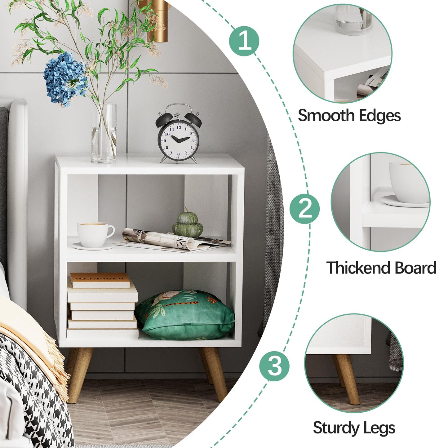 Aenuert Night Stand, White Kids Nightstand, Modern End Table with Open Storage, 2-Tier Nursery Bedside Table for Small Space, Living Room, Bedroom