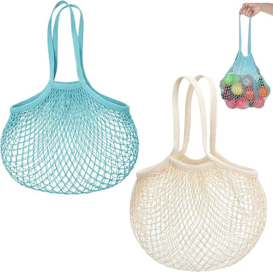 Thinp 2 Pcs Cotton Mesh Produce Bags, Reusable Mesh Grocery Bag with Long Handle Net Tote Cotton String Shopping Bag for Fruit Vegetables Market Shopping